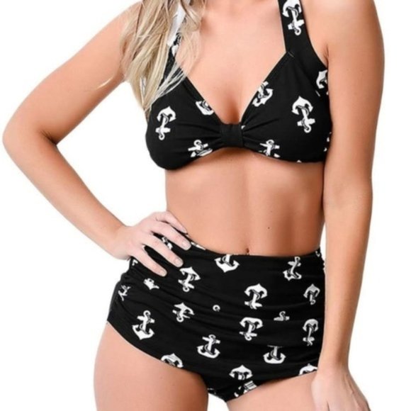 5⭐️ Retro High Waist Anchor Halter Swimsuit Black - Picture 2 of 10